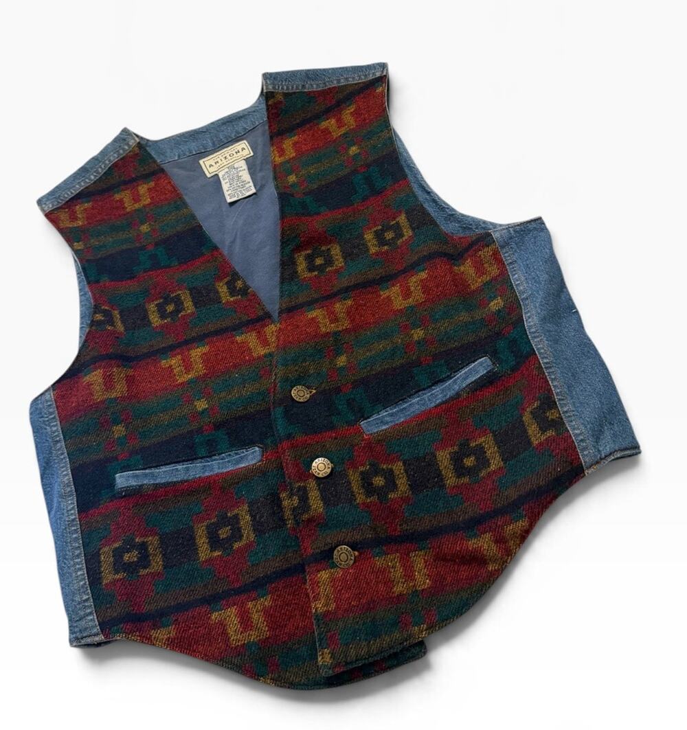 Vintage Arizona Vest Mens Small Blue Red Southwestern Aztec Denim Back Cinch
